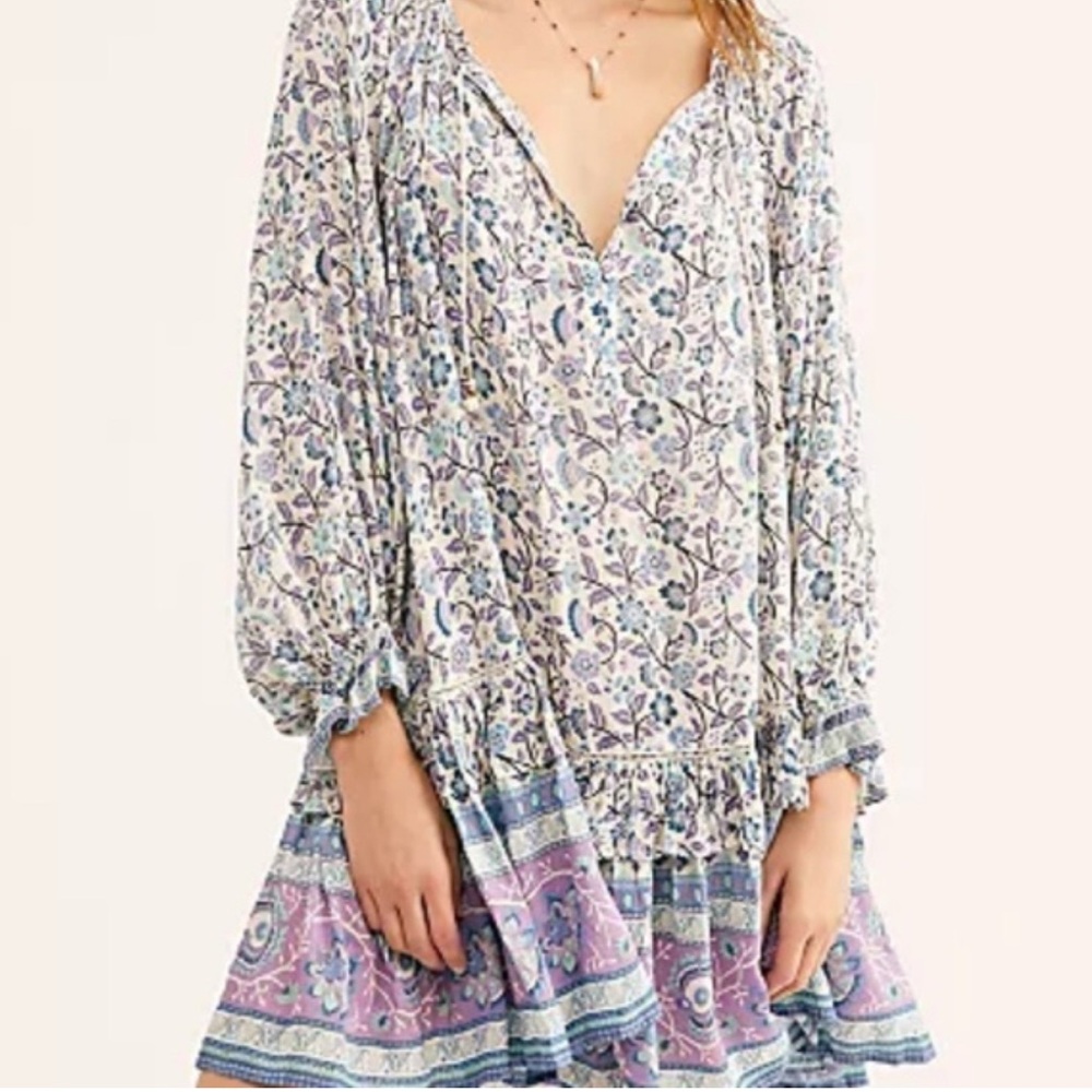 {Spell & The Gypsy} Dahlia Tunic Dress Dusty Blue Size XS Floral Boho Dress